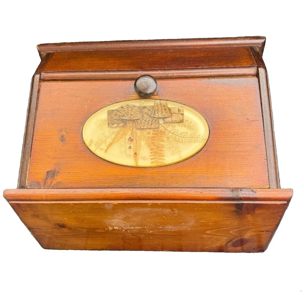 Vintage Wooden Bread Box Rustic Farmhouse Kitchen Storage Resin Floral Inlay